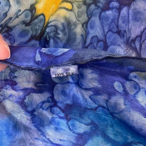Abstract Watercolor 100% Silk Scarf Blue Yellow Pink Rolled Hem - Picture 3 of 3